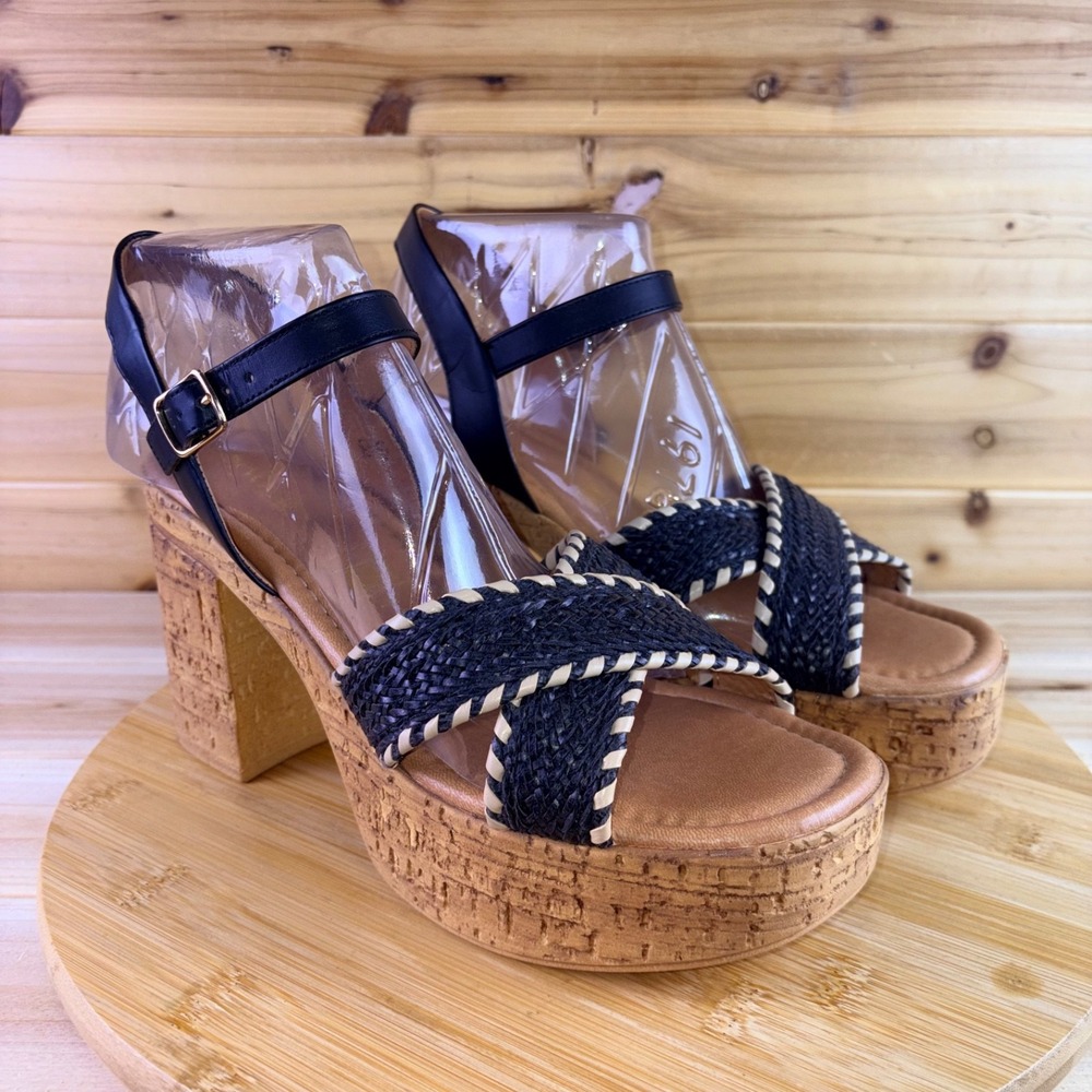Seychelles Platform Sandals Womens 9.5 Black Bravo Woven Strap Cork Heels